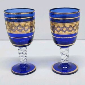 Murano Venetian Quilted Sapphire Blue and Gold Flecks Liquor Cordial Glass Set